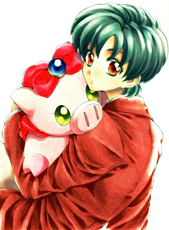 1boy, blazer, brown_eyes, buurin_(tonde_buurin), character_doll, green_hair, hug, jacket