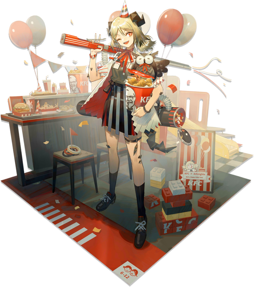1girl, ;d, arknights, balloon, bangs, black_footwear, black_legwear, black_skirt