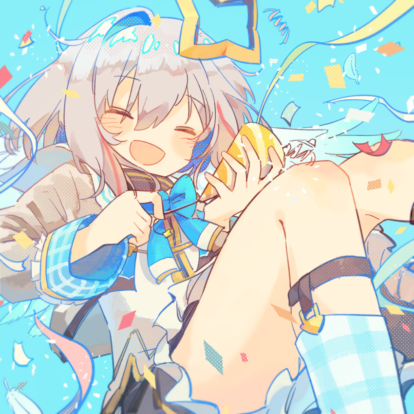 1girl, :d, amane_kanata, blue_background, blue_neckwear, bow, bowtie, closed_eyes