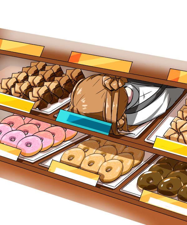 1girl, brown_hair, dessert, double_bun, doughnut, face_down, food, kantai_collection, lying, michishio_(kantai_collection), on_stomach, shelf, solo, yohei_(pizzadev)
