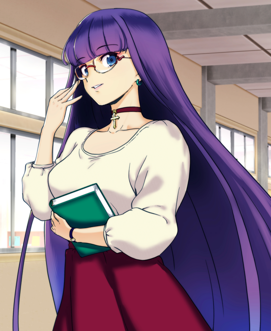 1girl, adjusting_eyewear, aoba_(smartbeat), bespectacled, blue_earrings, blue_eyes, book, breasts