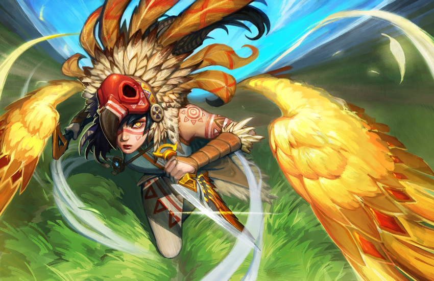 1girl, air_current, akali, alternate_costume, arm_tattoo, black_hair, blurry, blurry_background