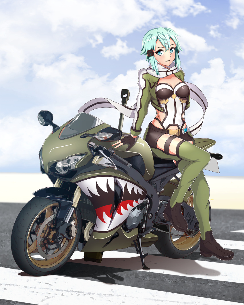 1girl, absurdres, anti-materiel_rifle, aqua_eyes, aqua_hair, black_footwear, breasts, commentary_request, fingerless_gloves, funkygarage, gloves, ground_vehicle, gun, hair_between_eyes, hair_ornament, hairclip, highres, looking_at_viewer, motor_vehicle, motorcycle, outdoors, pgm_hecate_ii, rifle, scarf, shoes, short_hair, short_shorts, shorts, sidelocks, sinon, sitting, sniper_rifle, solo, sword_art_online, sword_art_online_alternative:_gun_gale_online, weapon