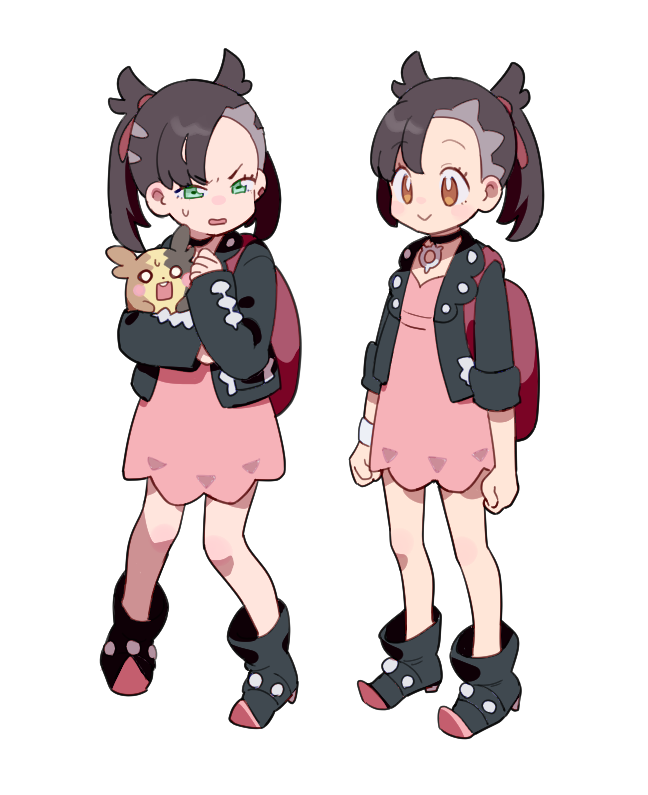 2girls, asymmetrical_bangs, backpack, bag, bangs, black_hair, blue_eyes, brown_eyes