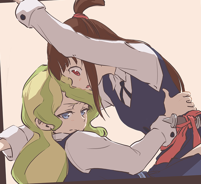 2girls, blonde_hair, blue_eyes, blush, brown_hair, diana_cavendish, embarrassed, hand_on_another's_waist