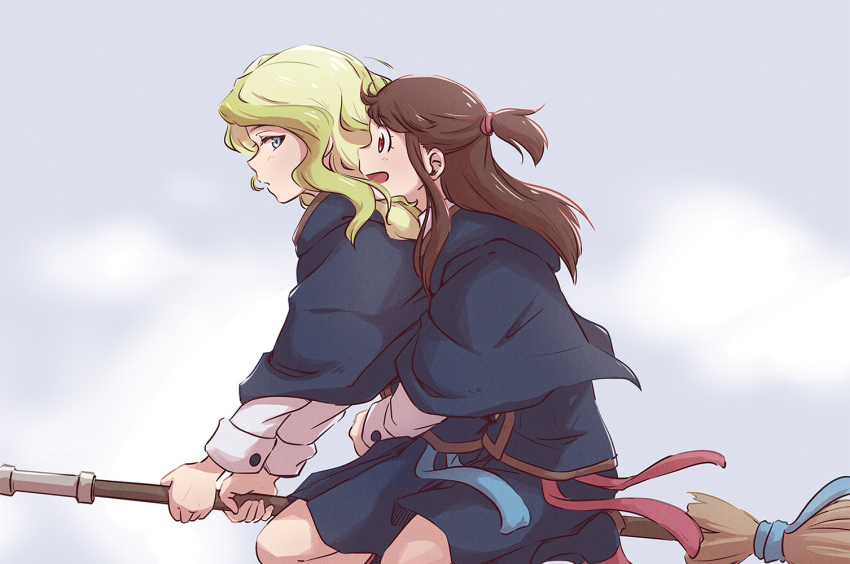 2girls, blonde_hair, blue_eyes, blue_sash, blue_sky, broom, broom_riding, brown_hair