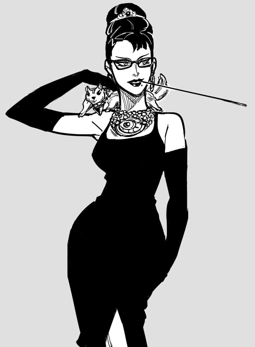 1girl, audrey_hepburn, bare_shoulders, bayonetta, bayonetta_(character), bayonetta_2, bb_(baalbuddy), breakfast_at_tiffany's