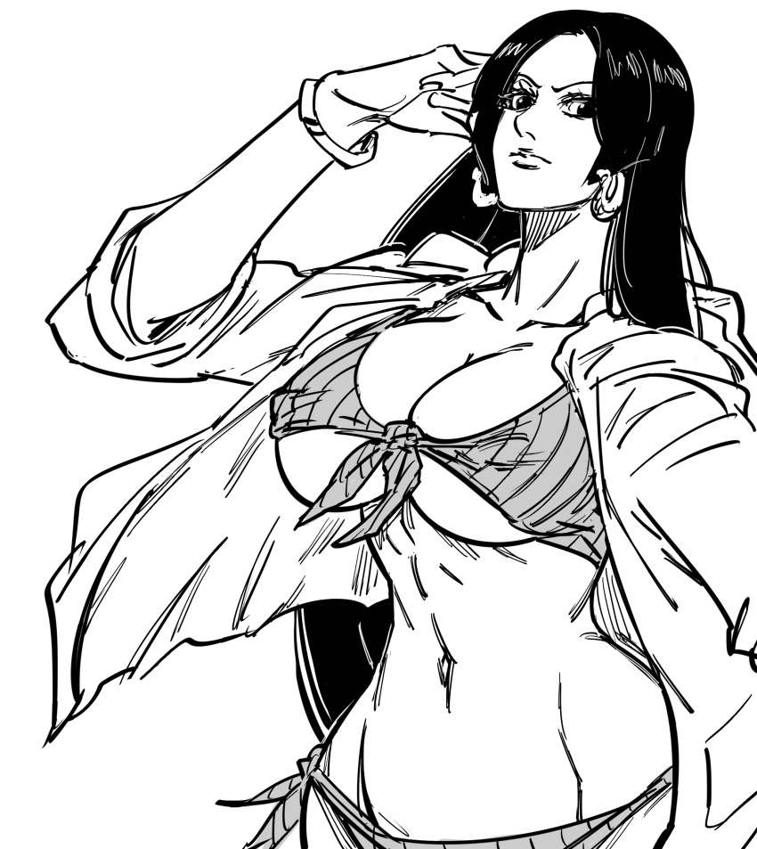 1girl, bb_(baalbuddy), bikini, boa_hancock, bracelet, closed_mouth, covered_nipples, cowboy_shot