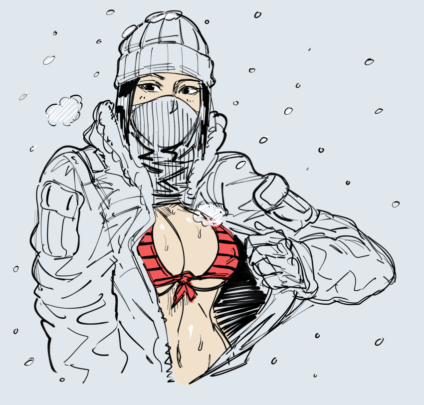1girl, bb_(baalbuddy), beanie, bikini, black_hair, breasts, coat, covered_nipples