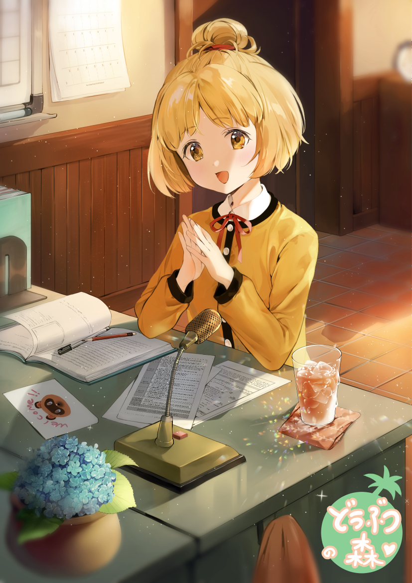 1girl, :d, bangs, blonde_hair, blurry, book, commentary_request, cup