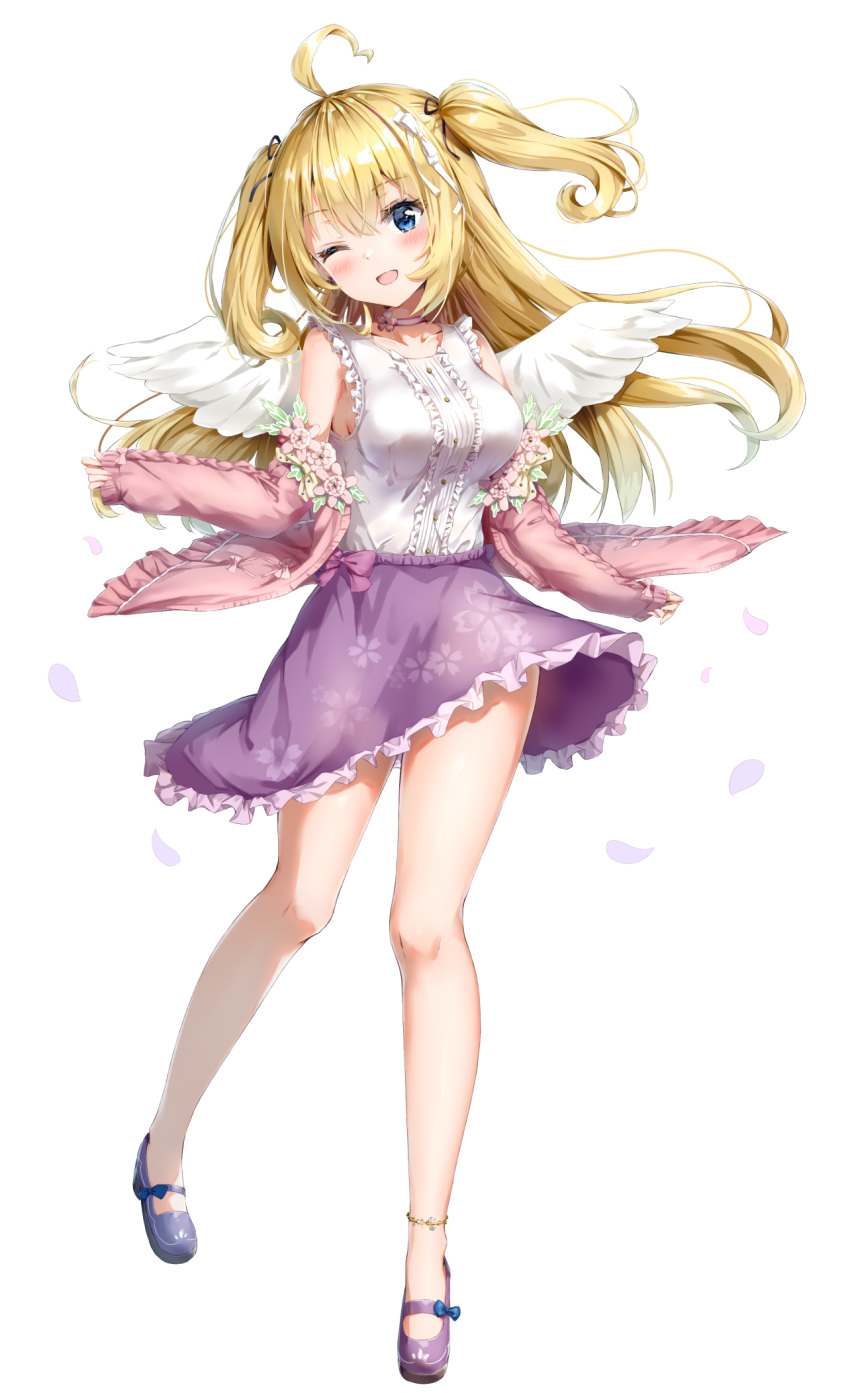 1girl, ;d, ahoge, aogiri_koukou_game_club, bangs, bare_shoulders, black_ribbon, blonde_hair