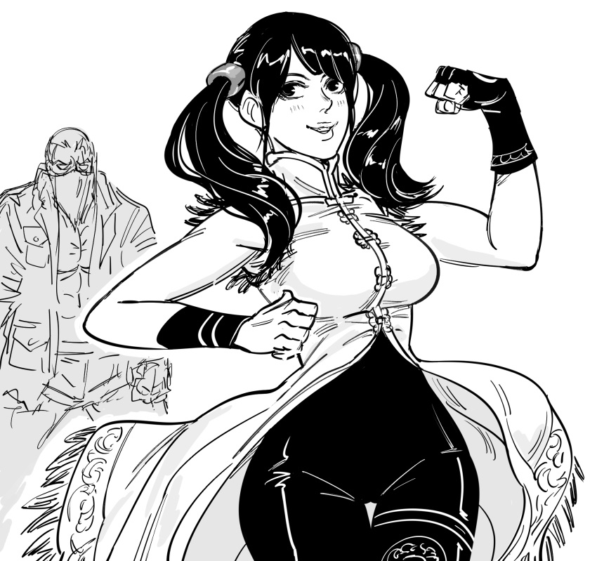 1boy, 1girl, bb_(baalbuddy), bodysuit, breasts, bryan_fury, china_dress, chinese_clothes