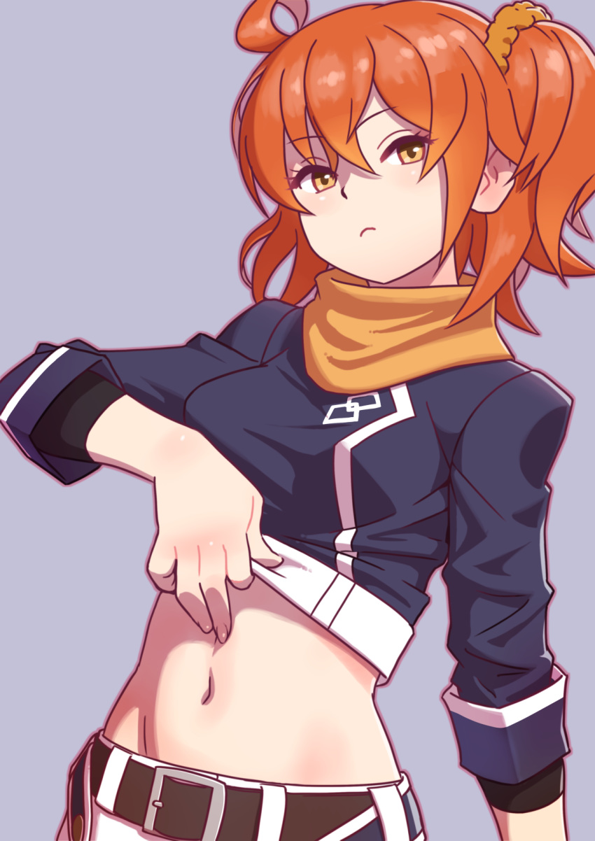 1girl, ahoge, bangs, belt, blue_background, blue_shirt, bodysuit_under_clothes, breasts, brown_belt, commentary_request, crop_top, eyebrows_visible_through_hair, fate/grand_order, fate_(series), frown, fujimaru_ritsuka_(female), groin, hair_between_eyes, hair_ornament, hair_scrunchie, highres, looking_at_viewer, medium_breasts, midriff, navel, one_side_up, orange_eyes, orange_hair, orange_scarf, orange_scrunchie, outline, rico_(maikubakaa), scarf, scrunchie, shirt, shirt_lift, short_sleeves, shorts, sidelocks, solo, true_ether_chaldea_uniform, upper_body, white_shorts