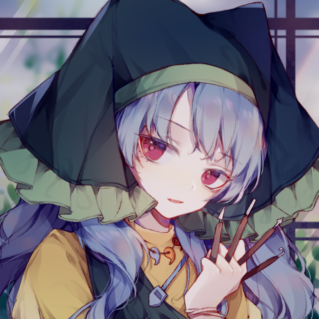 1girl, bangs, blue_hair, bracelet, eyebrows_visible_through_hair, frilled_hat, frills, green_headwear