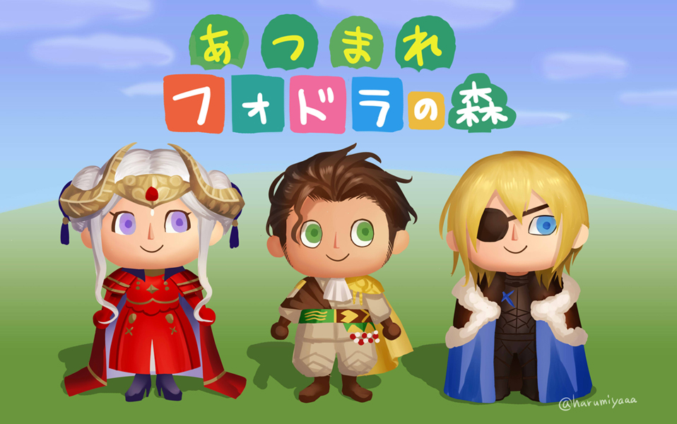 1girl, 2boys, animal_crossing, animal_crossing_new_horizons, armor, atsumare:_doubutsu_no_mori, blonde_hair, blue_eyes, brown_hair, cape, claude_von_riegan, dark_skin, dark_skinned_male, dimitri_alexandre_blaiddyd, doubutsu_no_mori, edelgard_von_hresvelg, eyepatch, fire_emblem, fire_emblem:_three_houses, fire_emblem:_three_houses, fire_emblem_16, green_eyes, haru_(toyst), intelligent_systems, multiple_boys, nintendo, nintendo_ead, parody, pupils, smile, style_parody, super_smash_bros., super_smash_bros._ultimate, twitter_username, violet_eyes, white_hair