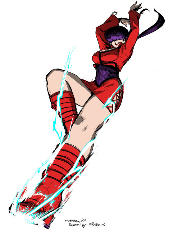 1girl, breasts, covered_eyes, dress, drop_kick, hands_above_head, large_breasts, lightning