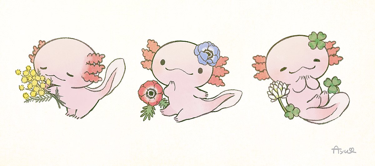 :<, axolotl, ayu_(mog), closed_mouth, clover, clover_hair_ornament, flower, four-leaf_clover, four-leaf_clover_hair_ornament, hair_ornament, heart, looking_at_viewer, mimosa_(flower), no_humans, original, red_flower, signature, simple_background, smile, symbol_commentary, white_background, white_flower, yellow_flower