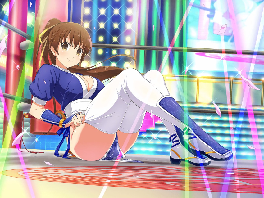 1girl, adjusting_clothes, adjusting_legwear, arm_guards, armor, bangs, blue_kimono, breasts