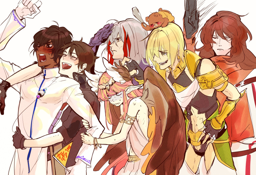 1girl, 5boys, arjuna_(fate/grand_order), armlet, armor, artist_request, blonde_hair, body_armor