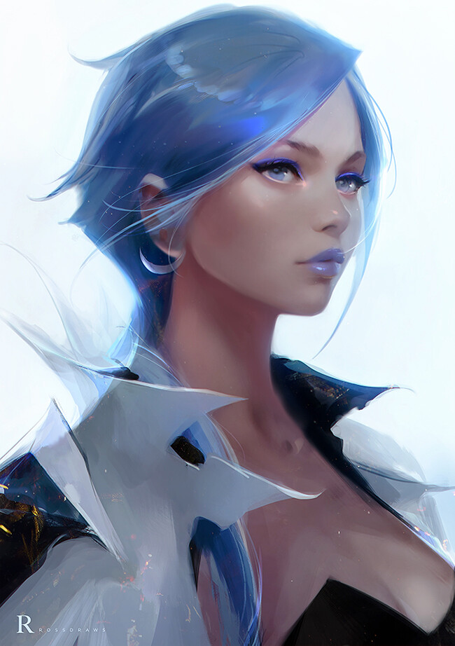 background_lightning, black_corset, blue_eyes, blue_hair, blue_lipstick, breasts, eyeliner, lipstick, makeup, nima_(ross_tran), photo, realistic, ross_tran, upper_body