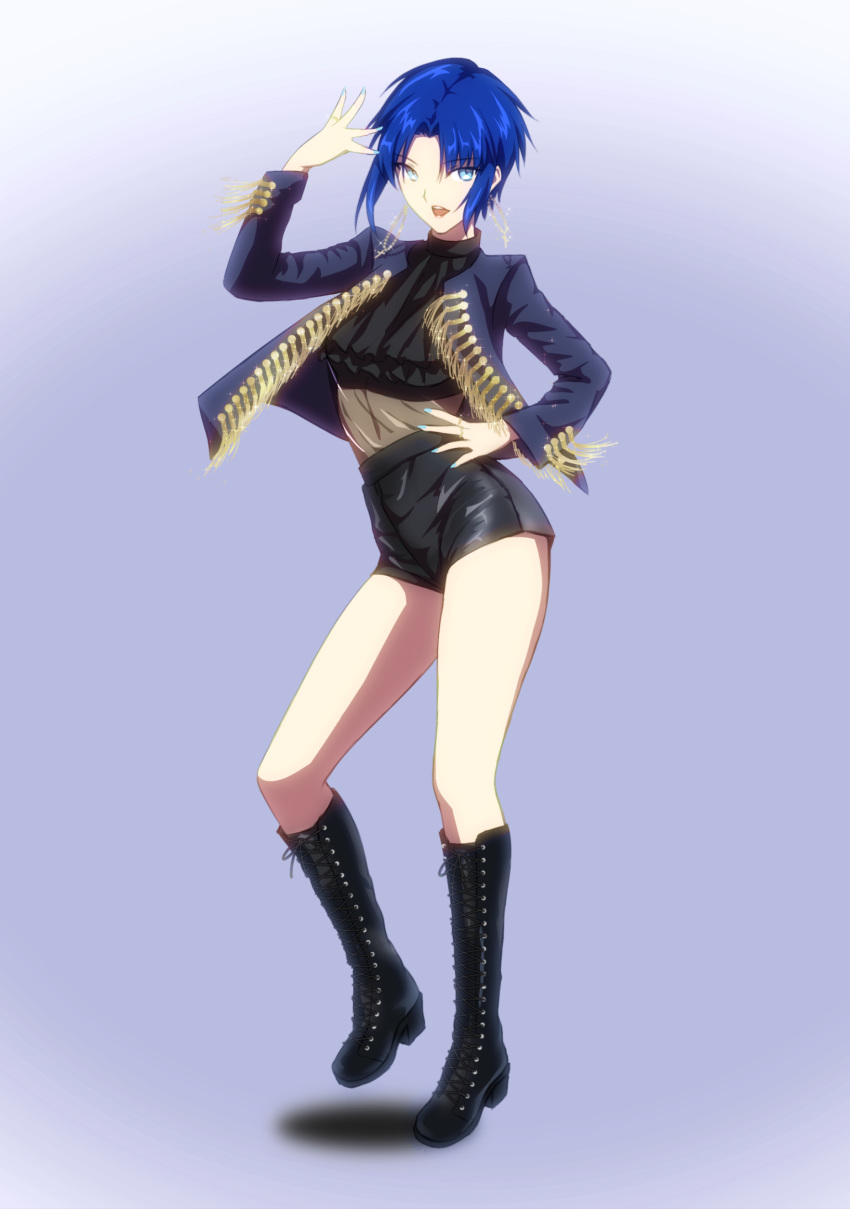 1girl, absurdres, axia-chan, black_footwear, blue_eyes, blue_hair, blue_nails, boots