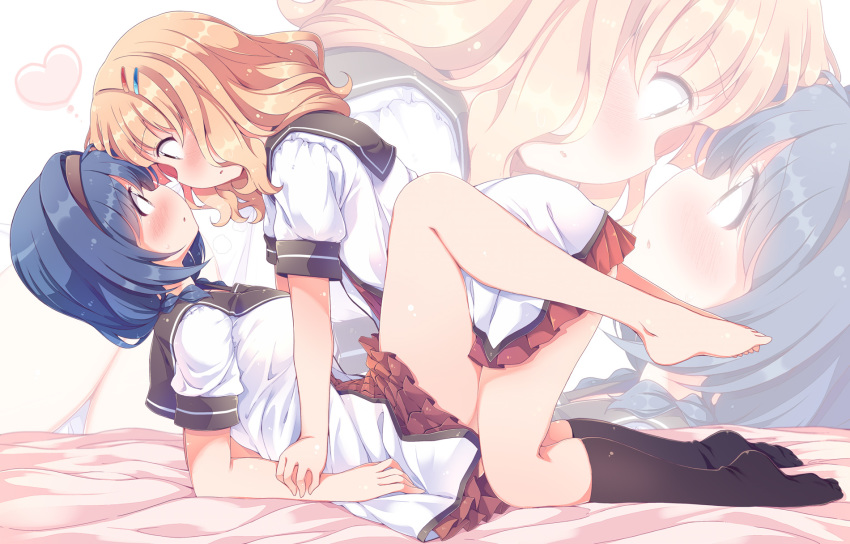 2girls, barefoot, bed, black_legwear, blonde_hair, blue_hair, blush, breasts