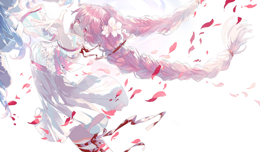 2girls, blue_hair, blue_sleeves, braid, cherry_blossoms, commentary, cowboy_shot, detached_sleeves