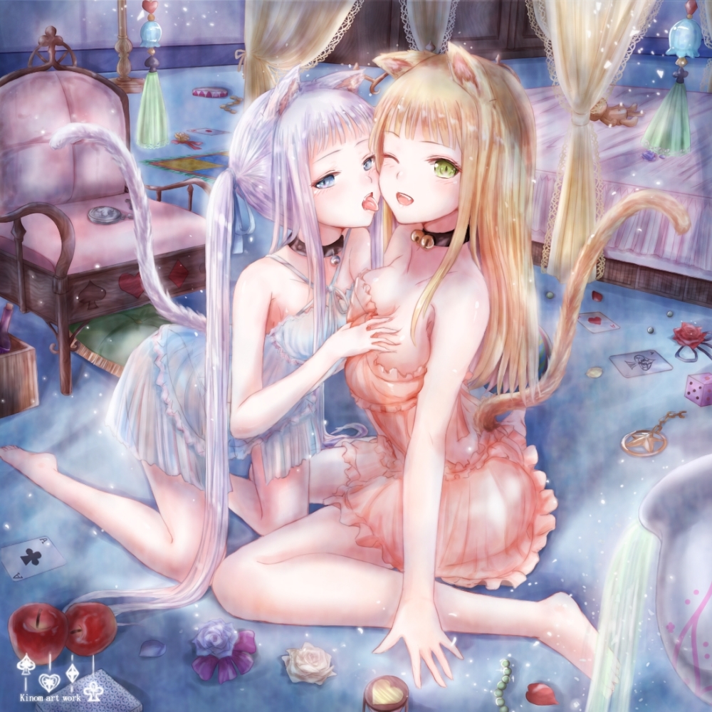2girls, ;d, ace_of_clubs, ace_of_diamonds, ace_of_hearts, ace_of_spades, animal_ears, apple