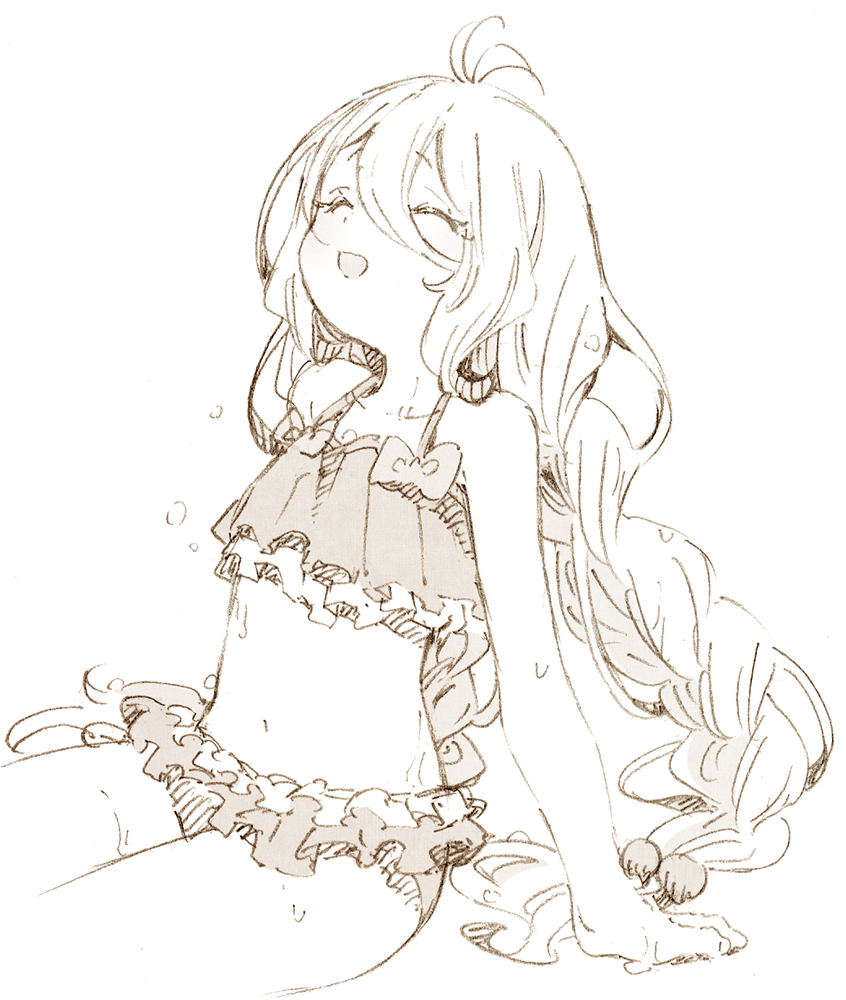 1girl, :d, ^_^, abara_heiki, antenna_hair, bangs, bare_arms, bare_shoulders, bikini, blush, bow, bow_bikini, braid, closed_eyes, eyebrows_visible_through_hair, greyscale, hair_between_eyes, hair_bobbles, hair_ornament, long_hair, monochrome, natsume_kokkoro_(princess_connect!), navel, open_mouth, princess_connect!, princess_connect!_re:dive, simple_background, sitting, smile, solo, swimsuit, twin_braids, very_long_hair, white_background