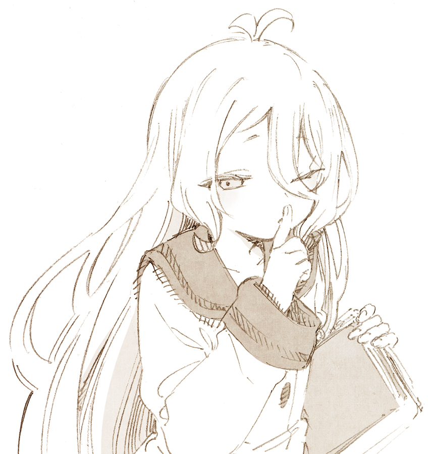 1girl, abara_heiki, antenna_hair, bangs, book, dress, eyebrows_visible_through_hair, finger_to_mouth