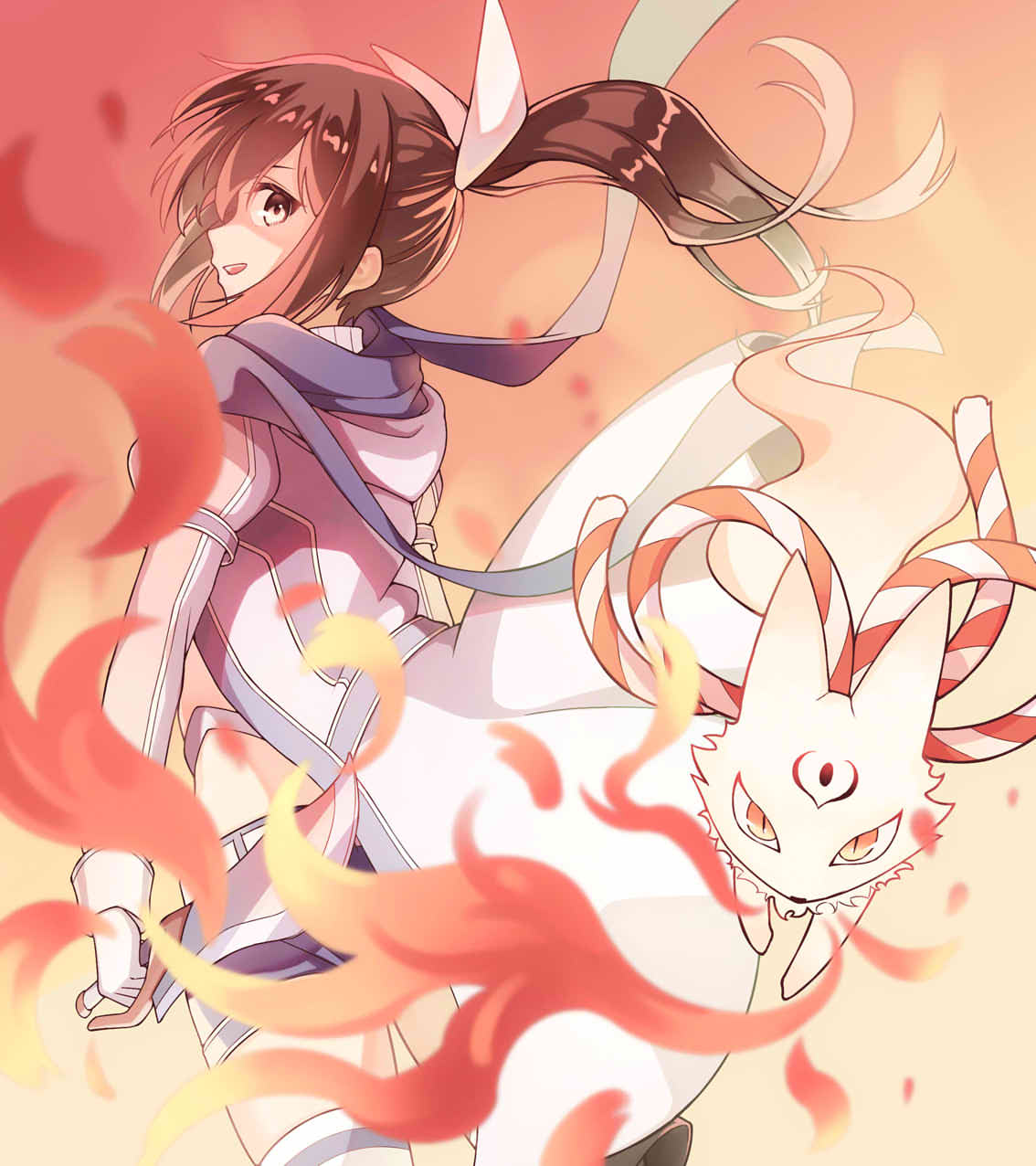 1girl, animal, bangs, blue_scarf, blurry, blurry_foreground, brown_eyes, brown_hair