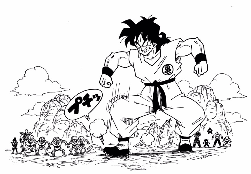 6+boys, armor, chaozu, clenched_hands, clouds, dougi, dragon_ball, dragon_ball_z