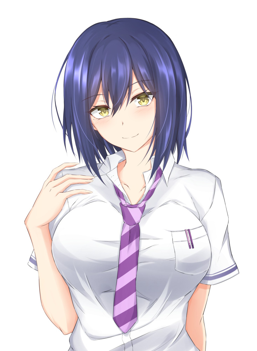 1girl, bangs, blue_hair, blush, breast_pocket, breasts, collarbone, commentary_request