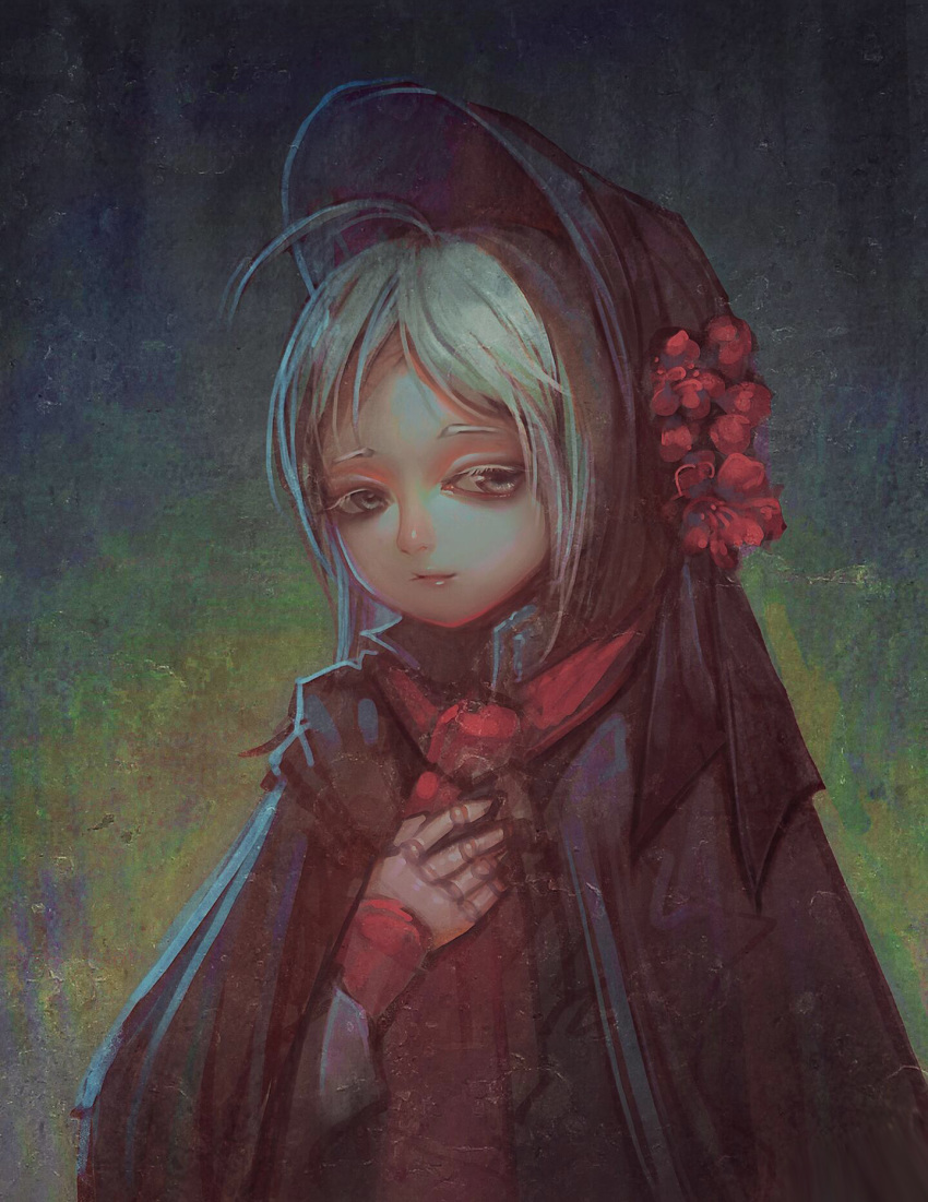 1girl, ahoge, bangs, black_cape, black_headwear, bloodborne, cape, closed_mouth