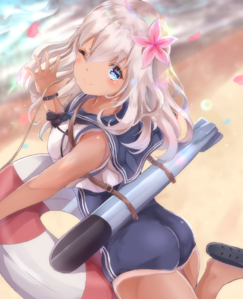 1girl, ass, bare_arms, bare_shoulders, beach, blush, bracelet, breasts