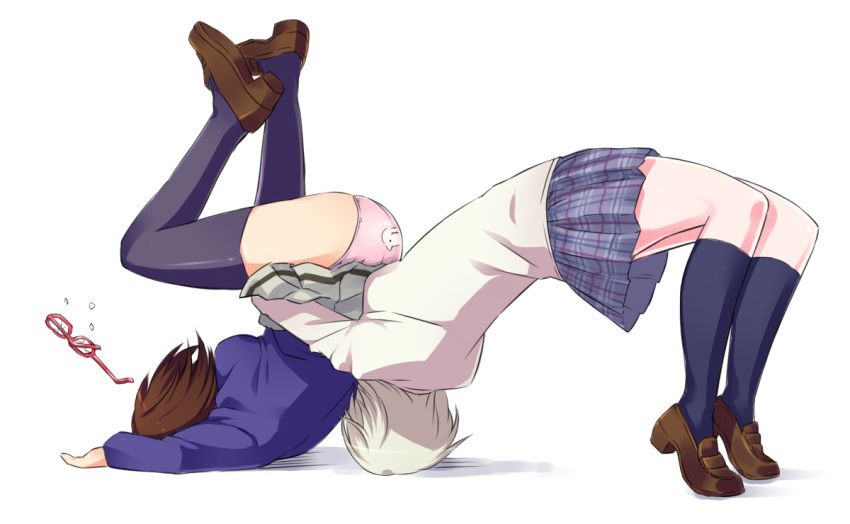 2girls, anastasia_(idolmaster), animal_print, assisted_exposure, back-print_panties, blazer, blue_legwear, breasts