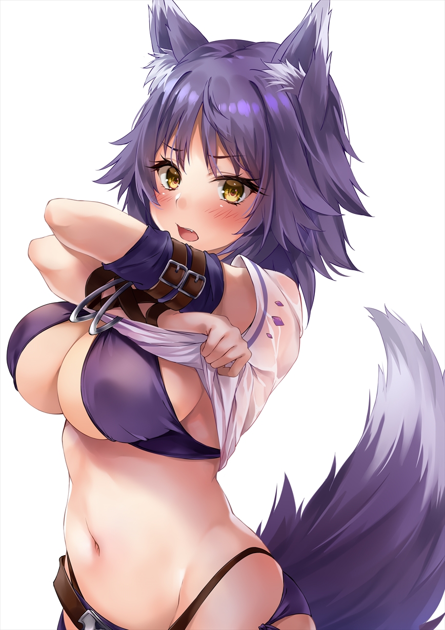 1girl, aki_makoto, animal_ear_fluff, animal_ears, arm_belt, bangs, bikini, blush