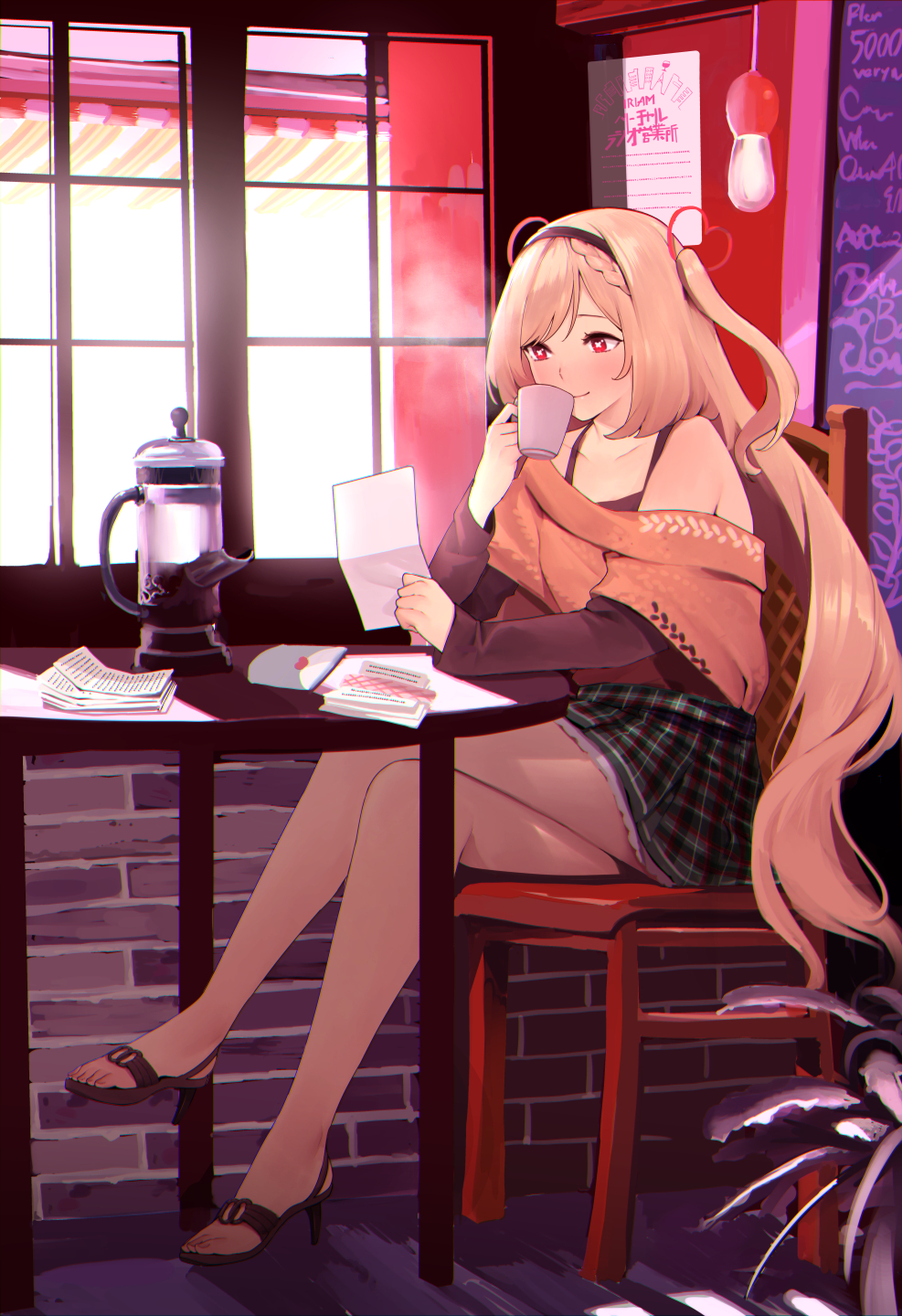 1girl, ahoge, aise_yuria, bare_shoulders, black_hairband, black_shirt, blonde_hair, blush