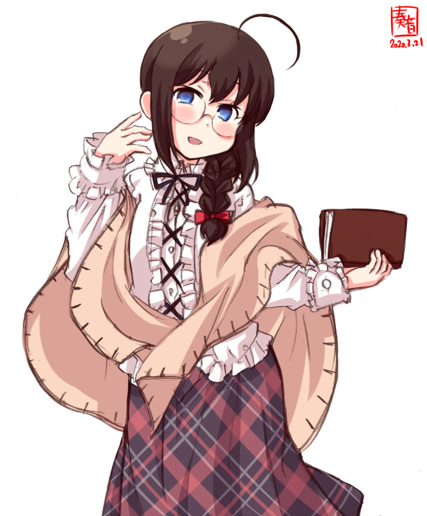 1girl, ahoge, artist_logo, bespectacled, black_hair, blue_eyes, book, braid