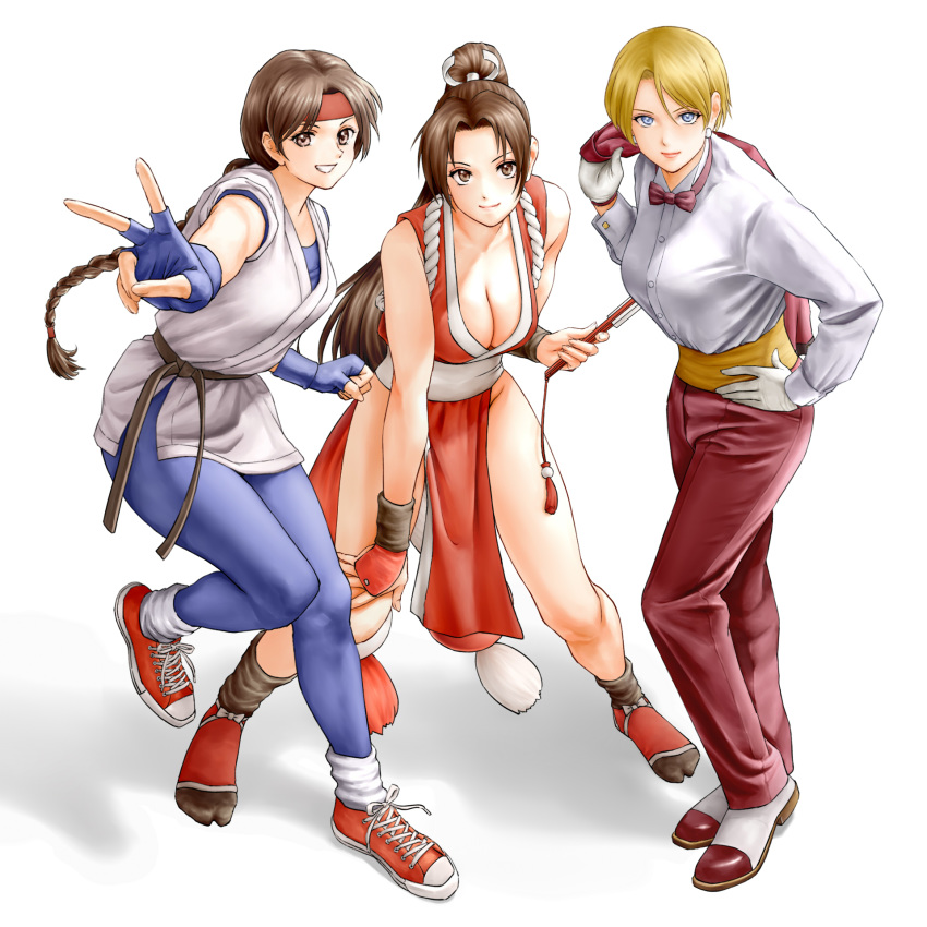 3girls, blonde_hair, blue_eyes, bow, bowtie, braided_ponytail, brown_eyes, brown_hair