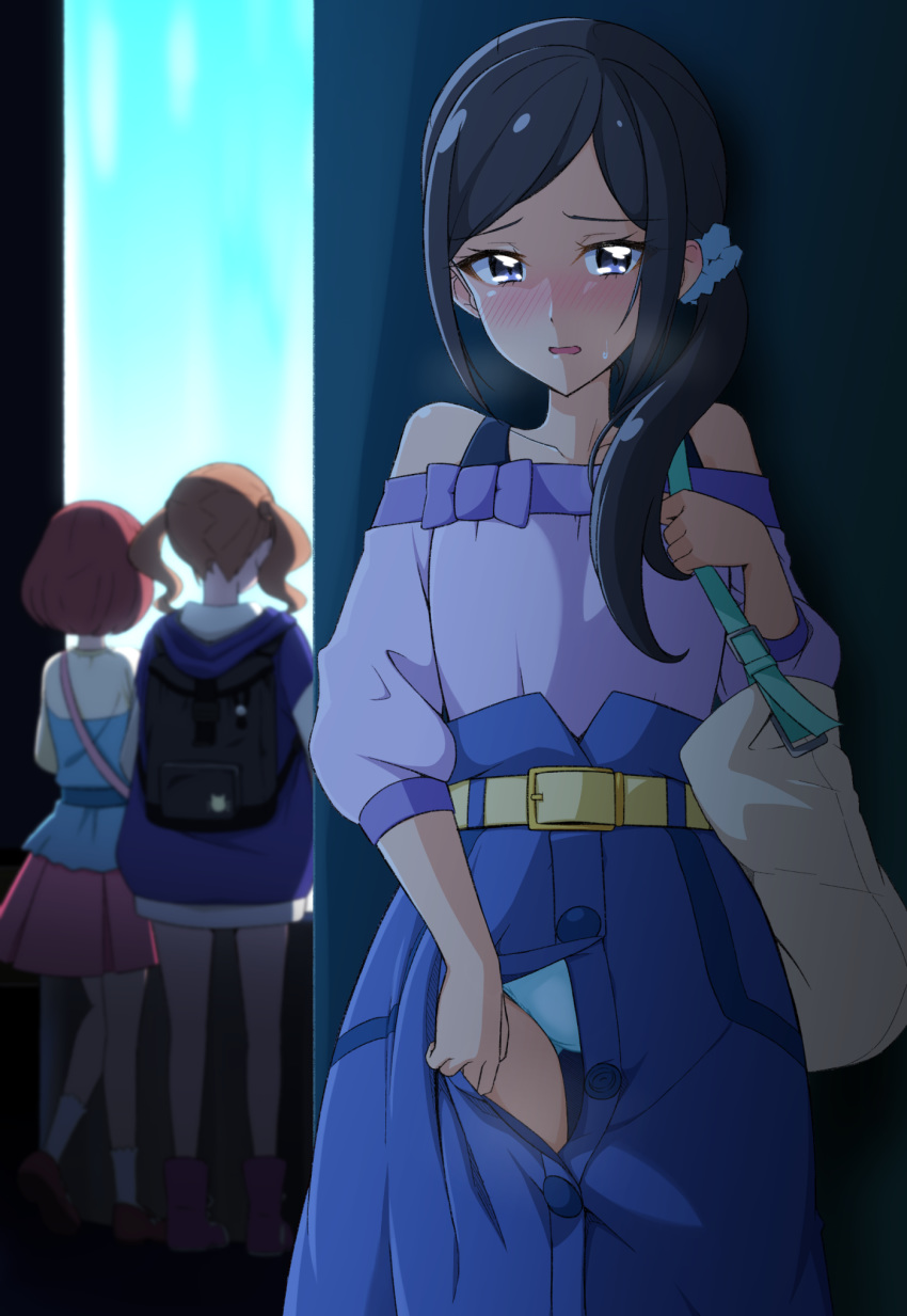 3girls, acchi_(koiyimknp), bag, belt, black_hair, blue_eyes, blue_panties, blue_scrunchie