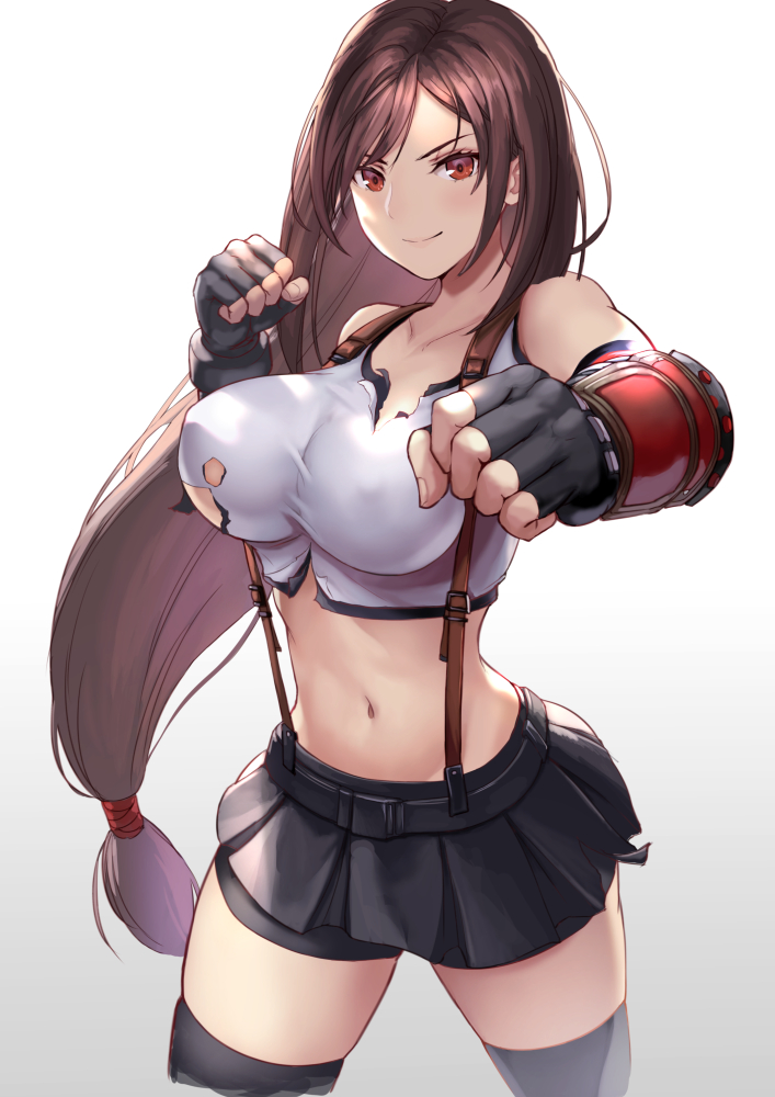 1girl, bangs, bare_shoulders, black_legwear, black_skirt, blush, breasts, brown_hair