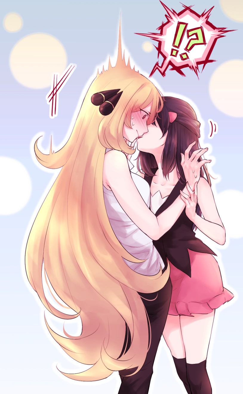 !?, akihorisu, black_hair, black_legwear, black_vest, blonde_hair, blush, hair_ornament, highres, hikari_(pokemon), kiss, long_hair, pants, pink_skirt, pokemon, shirona_(pokemon), shirt, simple_background, skirt, sleeveless, sleeveless_shirt, straight_hair, surprise_kiss, surprised, sweat, thigh-highs, tied_hair, vest, wavy_hair, white_shirt, wrist_grab, yuri