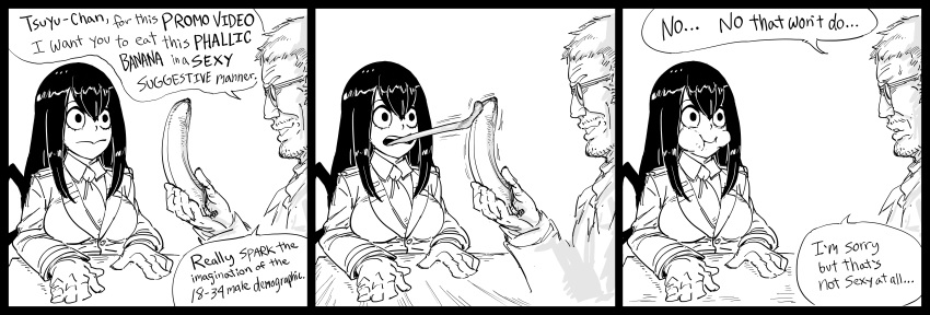 1boy, 1girl, :i, absurdres, asui_tsuyu, bait_and_switch, banana, bb_(baalbuddy)