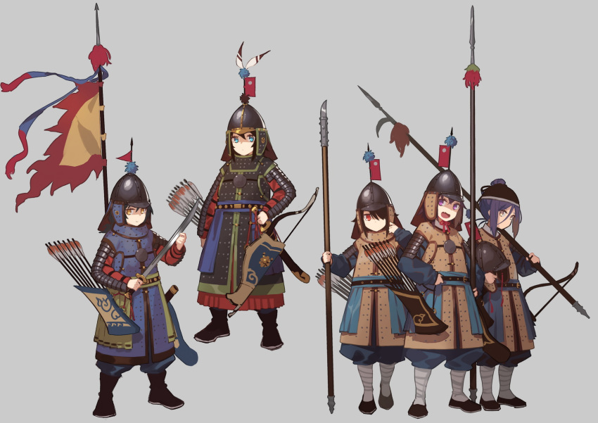 5girls, :d, armor, arrow, belt, black_hair, blue_eyes, boots