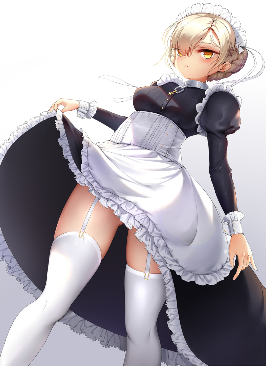 1girl, apron, arm_at_side, azur_lane, black_dress, blonde_hair, braid, bustier, chain, closed_mouth, collar, commentary_request, cowboy_shot, cross, dress, dress_lift, eyelashes, french_braid, frilled_dress, frills, from_below, garter_straps, gradient, gradient_background, grey_background, hair_over_one_eye, hair_ribbon, highres, inverted_cross, juliet_sleeves, knees, kyuu_(16901040), lifted_by_self, long_sleeves, looking_at_viewer, maid, maid_apron, maid_headdress, metal_collar, puffy_sleeves, ribbon, sheffield_(azur_lane), smirk, solo, sunlight, thigh-highs, thighs, tsurime, white_legwear, white_ribbon, wrist_cuffs, yellow_eyes
