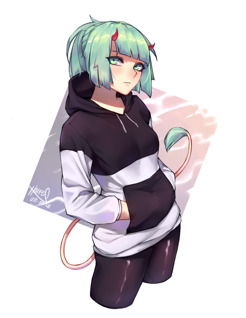 1girl, artist_name, black_hoodie, black_legwear, blush, breasts, closed_mouth, cow_tail, dated, expressionless, eyebrows, green_eyes, green_hair, hands_in_pockets, highres, hoipus, hood, hoodie, horns, looking_at_viewer, multicolored_hoodie, original, pantyhose, signature, small_breasts, solo, tail, white_hoodie