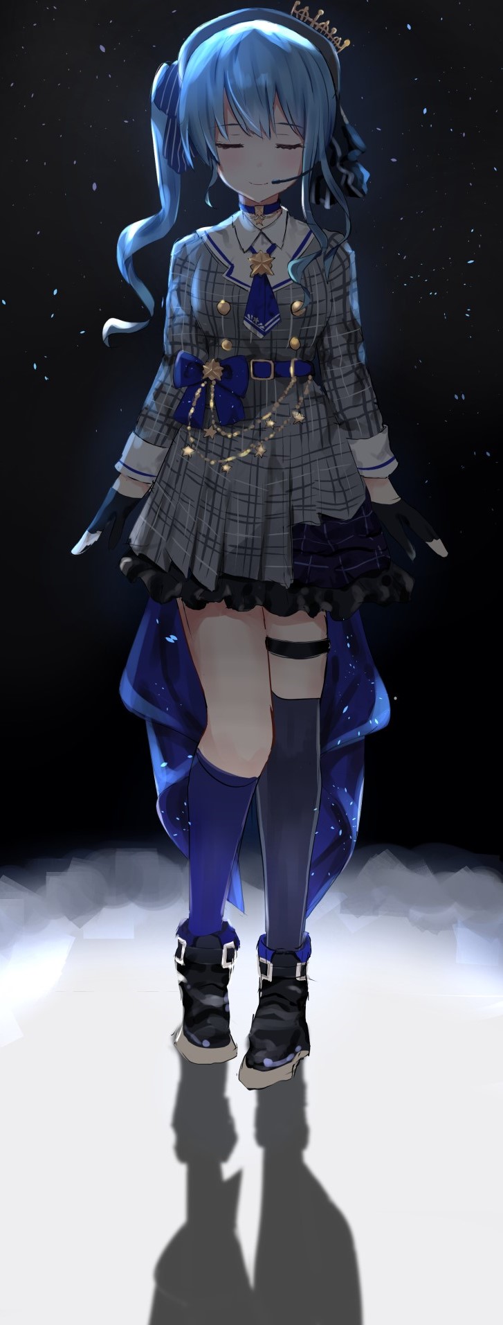 1girl, 1revy, asymmetrical_legwear, belt, black_footwear, black_gloves, blue_belt, blue_bow