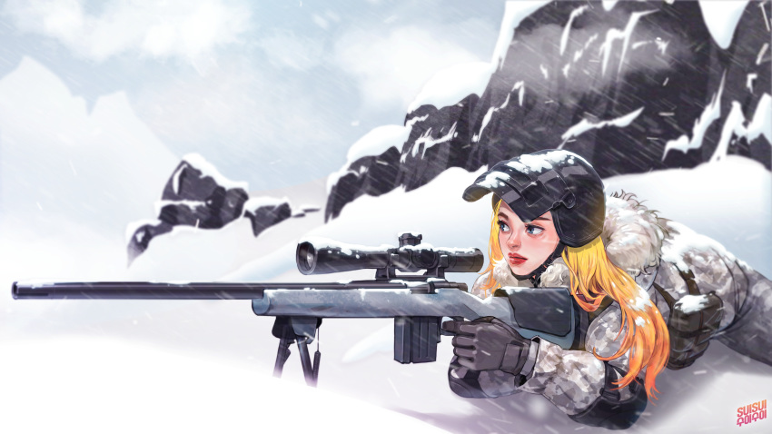 1girl, absurdres, bandolier, blonde_hair, blue_eyes, bolt_action, camouflage_jacket, chin_strap