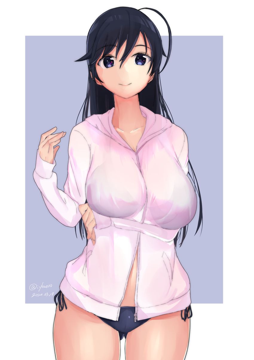 1girl, absurdres, ahoge, ass_visible_through_thighs, bangs, bikini, black_bikini, black_eyes